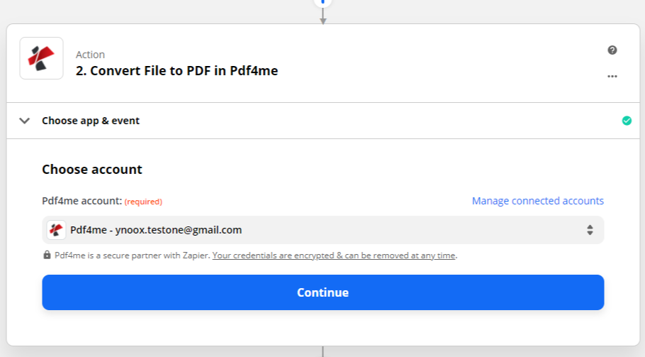 点击放大 在 Zapier 中选择 PDF4me 帐户